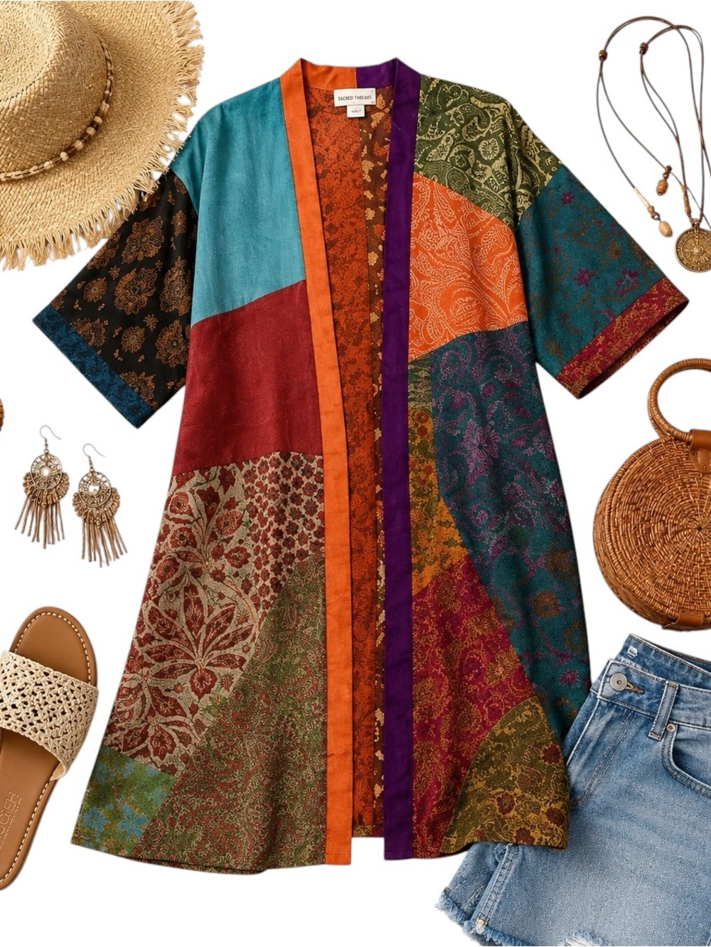 Sacred Threads 100% Silk Patchwork Kimono Duster Boho Festival Rare XL in EUC